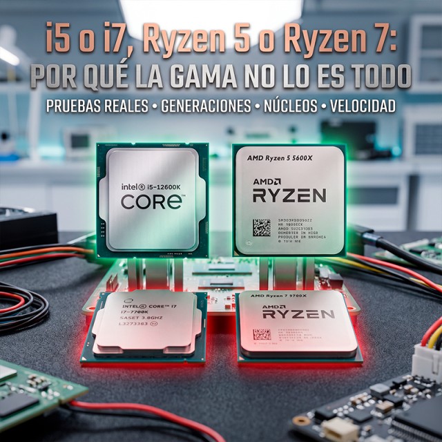 Fotografía realista de cuatro procesadores (Intel Core i5, Intel Core i7, AMD Ryzen 5 y AMD Ryzen 7) colocados sobre una placa base de pruebas con cables y componentes en un taller informático iluminado. En la parte superior se lee el título "i5 o i7, Ryz