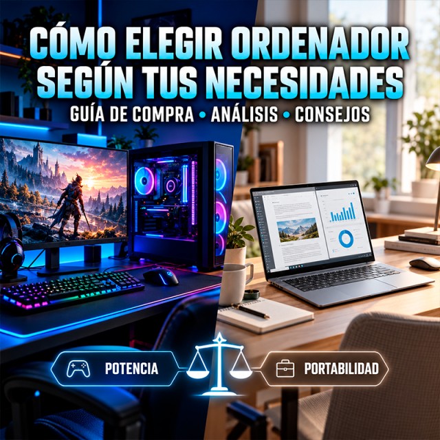 Portada sobre cómo elegir ordenador según tus necesidades, con un PC de sobremesa para gaming y un portátil para trabajo, comparando potencia y portabilidad.
