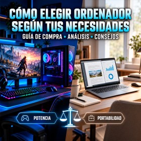 Portada sobre cómo elegir ordenador según tus necesidades, con un PC de sobremesa para gaming y un portátil para trabajo, comparando potencia y portabilidad.