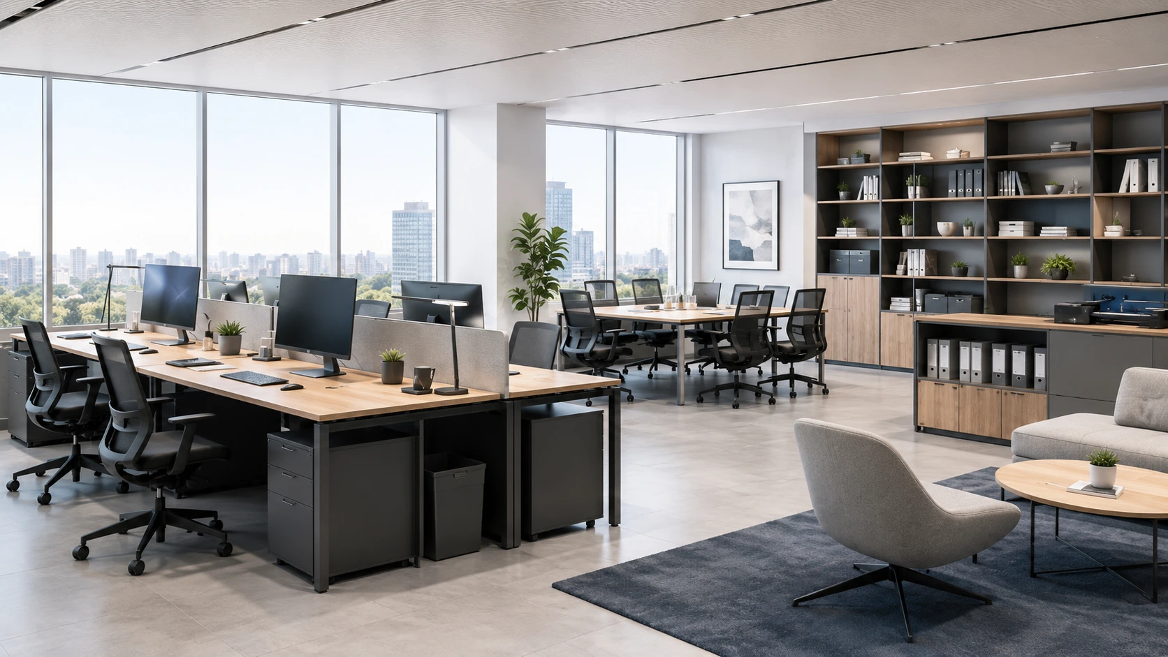 Oficina moderna equipada con mobiliario profesional y puestos informáticos