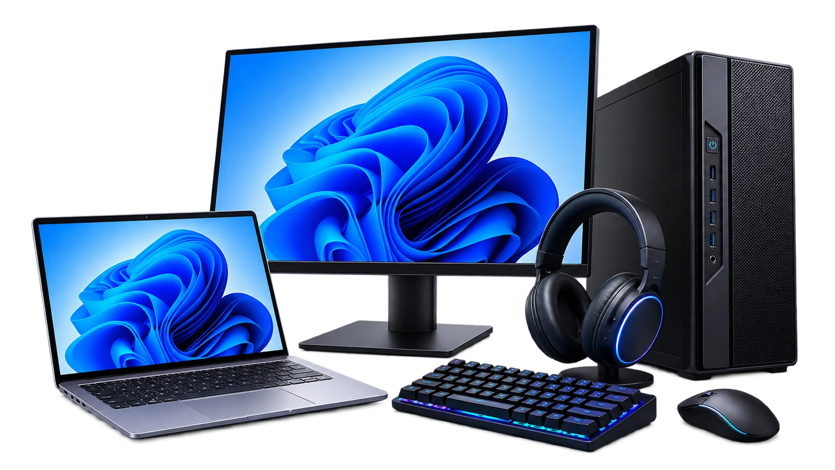Portátil, monitor y ordenador de sobremesa nuevos para uso profesional